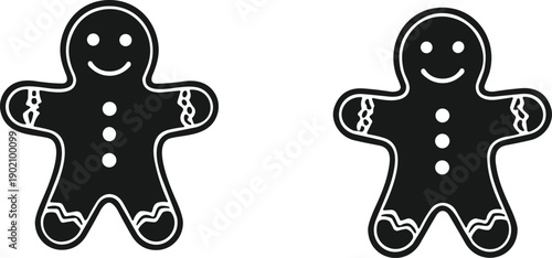 Black gingerbread man silhouette vector illustration, festive Christmas holiday cookie design, decorative seasonal art elements with icing details