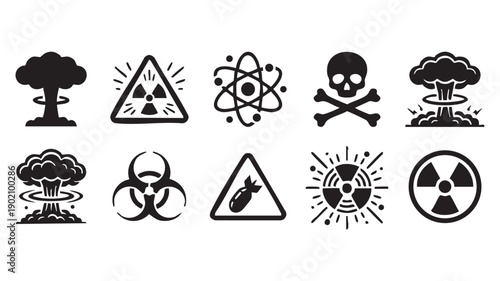 Danger vector icons set with nuclear explosion, glowing radiation, biohazard, skull, and atom symbols