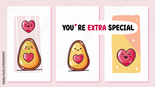 Cheerful avocado illustrations with hearts and 'you're extra special' text on pink background