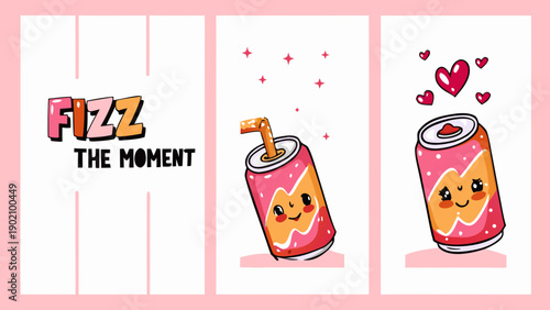 Colorful vector illustrations of bubbly soda cans with smiling faces and hearts