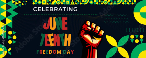 Juneteenth Freedom Day Banner with Raised Fist, Pan-African Colors, and Geometric Patterns for African American Emancipation Day Celebration Concept