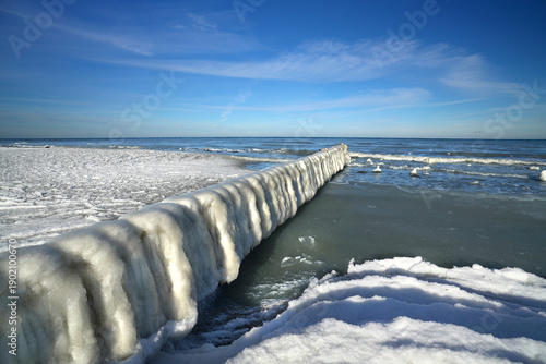 natural frozen wooden groynes at the Baltic Sea beach