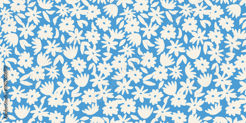 Seamless spring floral pattern with white daisy silhouettes and leaves on sky blue background. Easter inspired repeat for wrapping paper, textiles, wallpaper, stationery and prints, year-round use etc