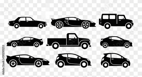 Collection of Various Car Silhouettes on Transparent Background.