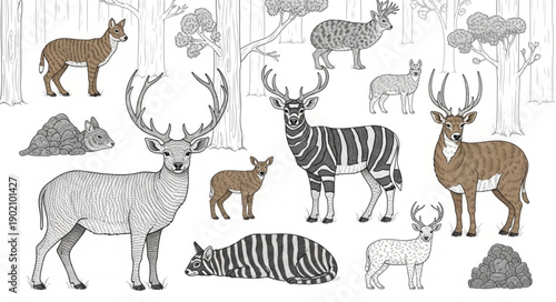 Collection of Various Deer and Antelope Species in Forest Setting.