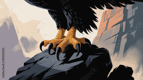 Close-up of eagle's sharp claws on rocky outcrop in dramatic landscape
