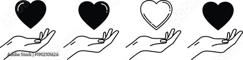 Hands Holding Hearts Vector Set - Charity, Love, and Healthcare Icons in Minimalist Line Art Style for Voluntary Aid and Kindness.