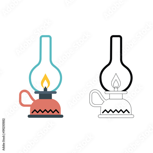 Vintage Oil Lamp Lantern Vector Illustration, Retro Kerosene Light Flat and Outline Icon