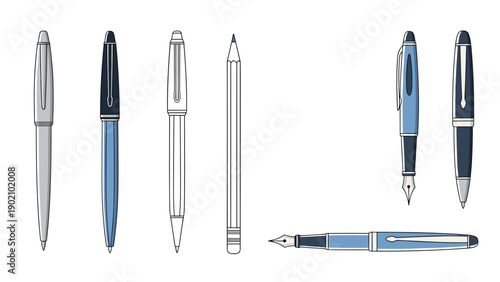 Selection of different pens and one pencil arranged vertically and horizontally including fountain and ballpoint styles.