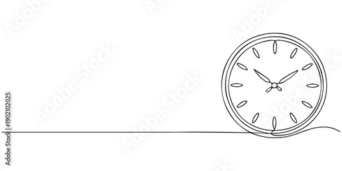Continuous one line drawing of a clock with short and long hands, representing time and routine, line art style vector illustration.