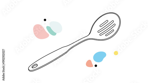 Kitchen slotted spoon outline drawing accompanied by abstract colorful organic shapes for a modern and creative culinary look.