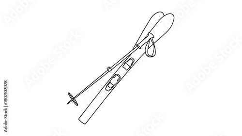 Simple black and white line drawing of a pair of downhill skis with a single ski pole for winter sports activities.