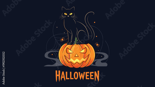 Halloween illustration featuring a sleek black cat sitting on top of a carved jack-o-lantern with glowing yellow eyes.