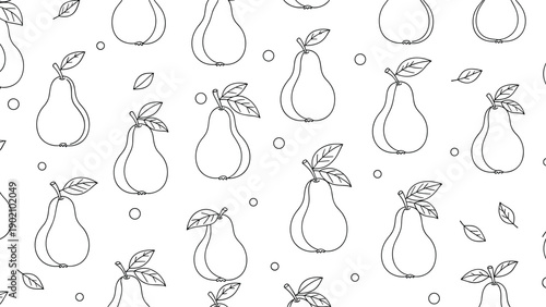 Seamless black and white pattern consisting of line art pears with leaves and small circles on a clean white background.