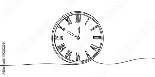 Continuous one line drawing of a clock with short and long hands, representing time and routine, line art style vector illustration.