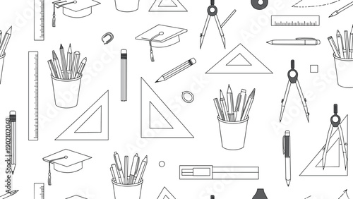 Black and white seamless pattern featuring school and office supplies like pencils, rulers, compasses, and graduation caps.