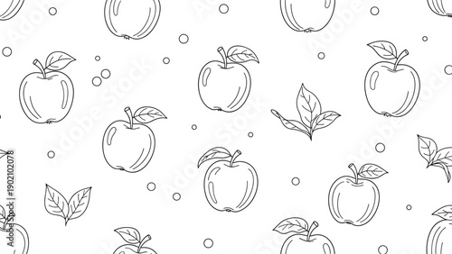 Seamless pattern with line art apples and leaves accompanied by small bubbles on a white background for a clean look.