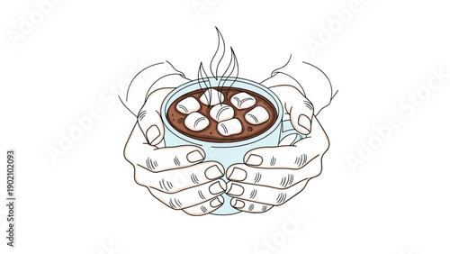 Hands holding a blue mug filled with hot chocolate and marshmallows with steam rising against a white background.