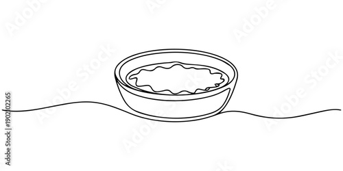 Single one line drawing vanilla pudding topped with mint leaves and caramel sauce on plate. Simple yet luxurious presentation. National Vanilla Pudding Day. Continuous line design graphic illustration