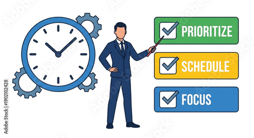 Executive presenting time planning and productivity concept flat vector illustration on white