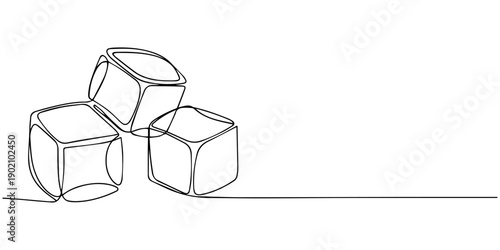 One continuous line illustration of stacked ice cubes, isolated on white background, Continuous line drawing of three ice cubes melting on a surface. Vector illustration, One continuous line.