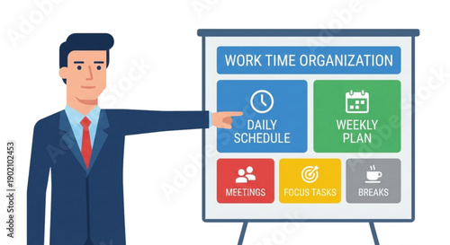 Boss explaining work schedule and time management on presentation board flat vector on white