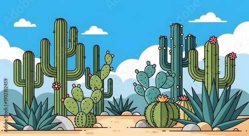 Desert Landscape with Saguaro and Prickly Pear Cacti, Agave Plants, under Blue Sky