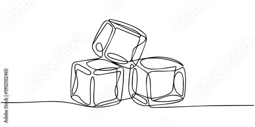 One continuous line illustration of stacked ice cubes, isolated on white background, Continuous line drawing of three ice cubes melting on a surface. Vector illustration, One continuous line.