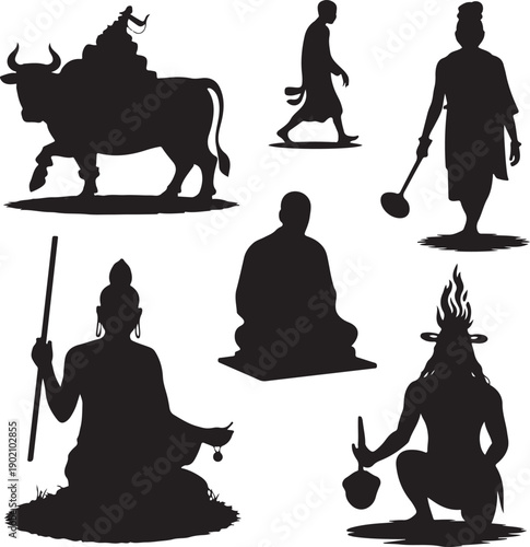 silhouette of people and animals in various poses and activities