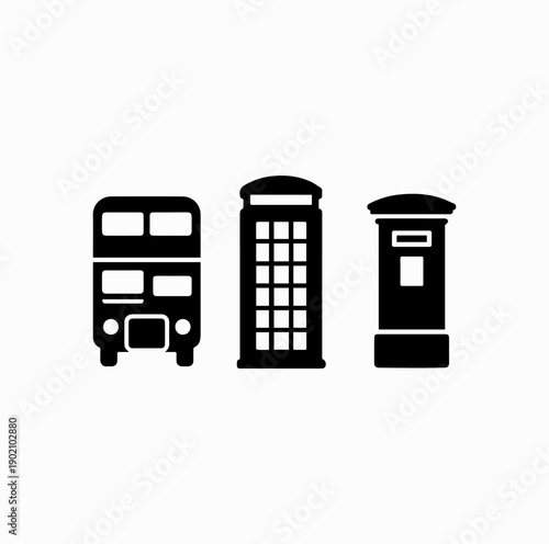 London Iconic Elements Black and White Vector Set – Double Decker Bus, Telephone Box, Post Box