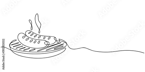 German fried sausages one line colored continuous drawing. Beer pub products continuous one line illustration. Vector linear illustration.