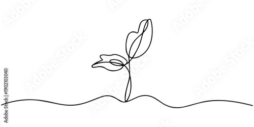 Growing sprout one line art .Vector silhouette of growing plant. Hand drawn leaf. Growing sprout plant continuous line .Plant with roots single line.