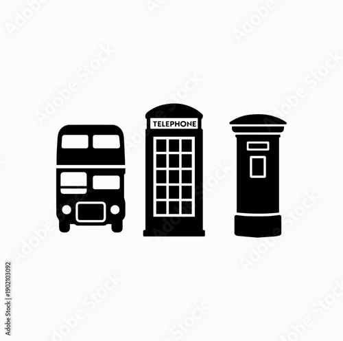 London Iconic Elements Black and White Vector Set – Double Decker Bus, Telephone Box, Post Box