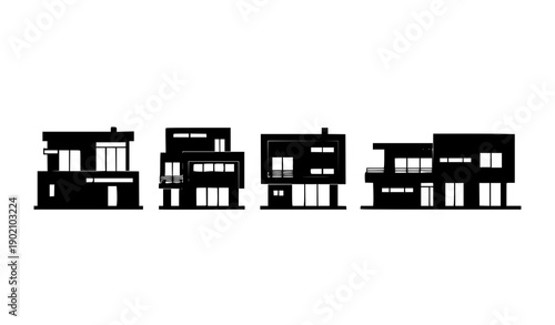 Four modern flat roof house silhouettes with large windows minimalist architecture vector on white