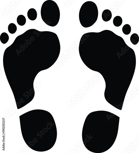 Black human footprint silhouette vector illustration, standing position icon, walking symbol, presence concept, direction marker, step graphic design