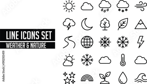 Weather, Nature, Icons, Vector, Line, Outline, Minimal, Set, Sun, Cloud, Rain, Snow, Wind, Temperature, Climate, Environment, Eco, Leaf, Tree, Mountain, Wave, Globe, Star, Rainbow, Simple, UI, UX