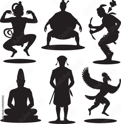 Silhouette of people in various poses and an eagle