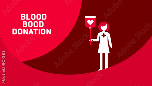Female nurse holding blood bag with heart symbol on red background for blood donation campaign