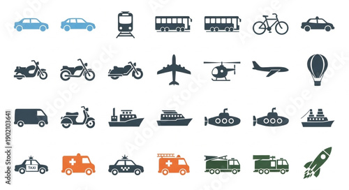 Collection of various transportation vehicles and modes of travel.