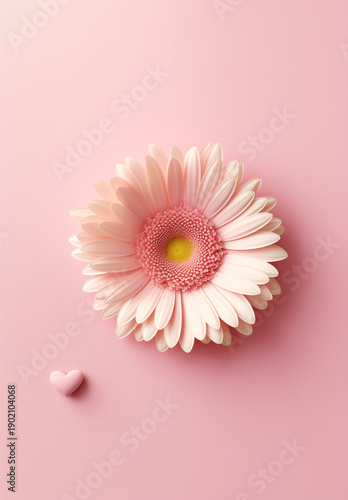 White gerber daisy on pink background and little heart.