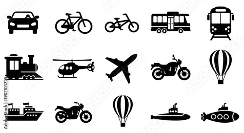 Collection of various transportation vehicle icons in silhouette.