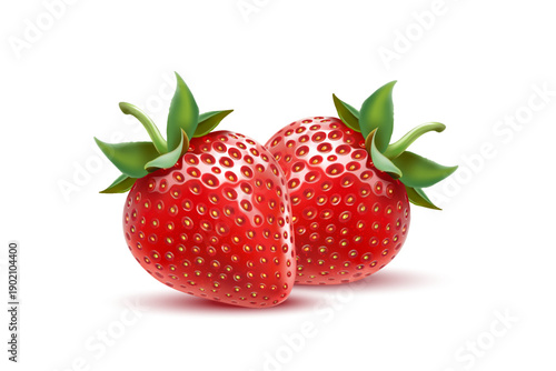 Strawberry fruits set with strawberries of pieces element in the middle on white background. Realistic vector in 3D illustration.