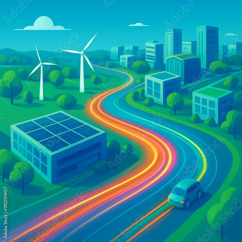 Bright colors show a car driving on a road by wind turbines and solar panels in a modern city scene