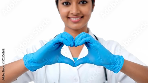Smiling female indian doctor in white medical coat with stethoscope shows heart gesture with hands in blue gloves on white background. Concept of cardiological health care