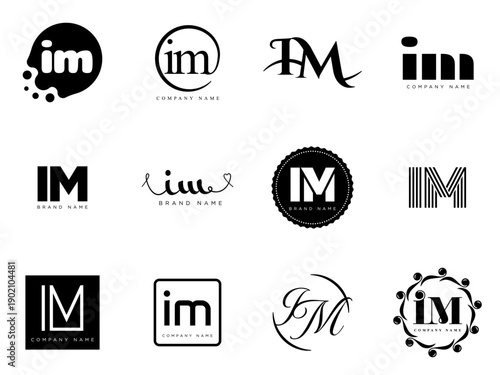 IM logo company template. Letter i and m logotype. Set different classic serif lettering and modern bold text with design elements. Initial font typography.