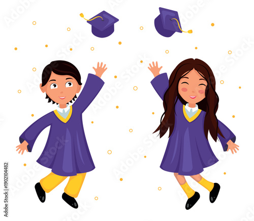 Vector illustration of graduation. Cartoon scene with graduation from school, college or institute by boy and girl who toss hats on white background.