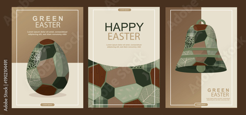 Easter greeting cards featuring geometric patchwork eggs and bell in earthy tones with textured patterns, ideal for eco-friendly sustainable holiday designs. Green easter cards set.Vector illustration