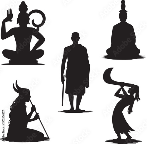 Silhouette of various people in different poses and activities