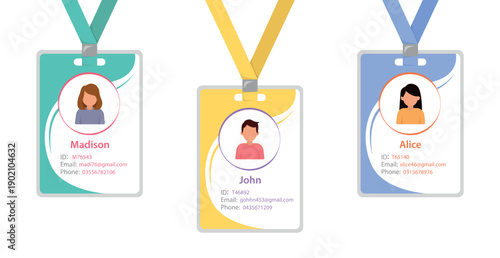 Set of colorful passes in cartoon style. Vector illustration of passes with ID number, mail, phone number, photo on white background.