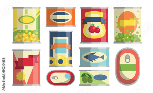 Set of colorful canned food in cartoon style. Vector illustration of canned vegetables, fish, meat on white background.